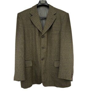 VINTAGE Tweed Houndstooth Dior Fabric Single Breasted Plaid Brown Blazer L‎ / XL